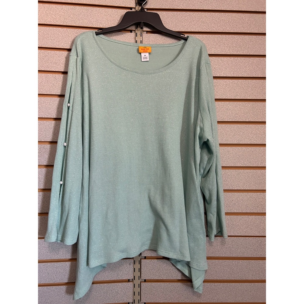Ruby‎ Rd Woman 3X Mint Green Waffle Knit Metallic Shimmer Sharkbite Top Blouse
